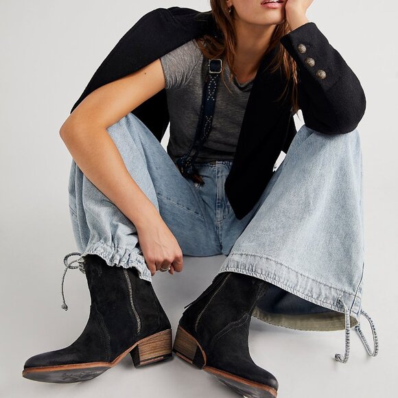 Free People Shoes - FREE PEOPLE New Frontier Western Boot Black Suede Leather Pull On Zip - Size 39